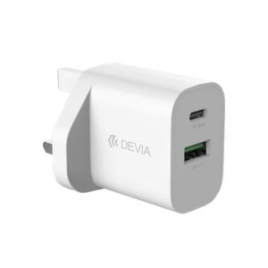 Devia - 20W Dual USB-C Power Delivery & USB Qualcomm 3-Pin UK Charging Plug - White
