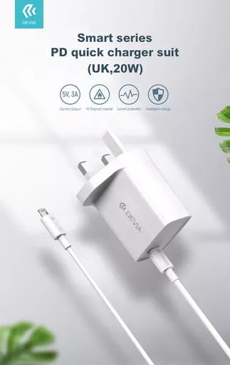 Devia - 20w usb-c power delivery 3-pin uk charging plug & 1m pd usb-c to lightning cable - white - image 2