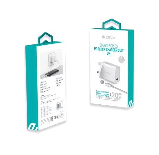 Devia - 20w usb-c power delivery 3-pin uk charging plug & 1m pd usb-c to lightning cable - white - image 6