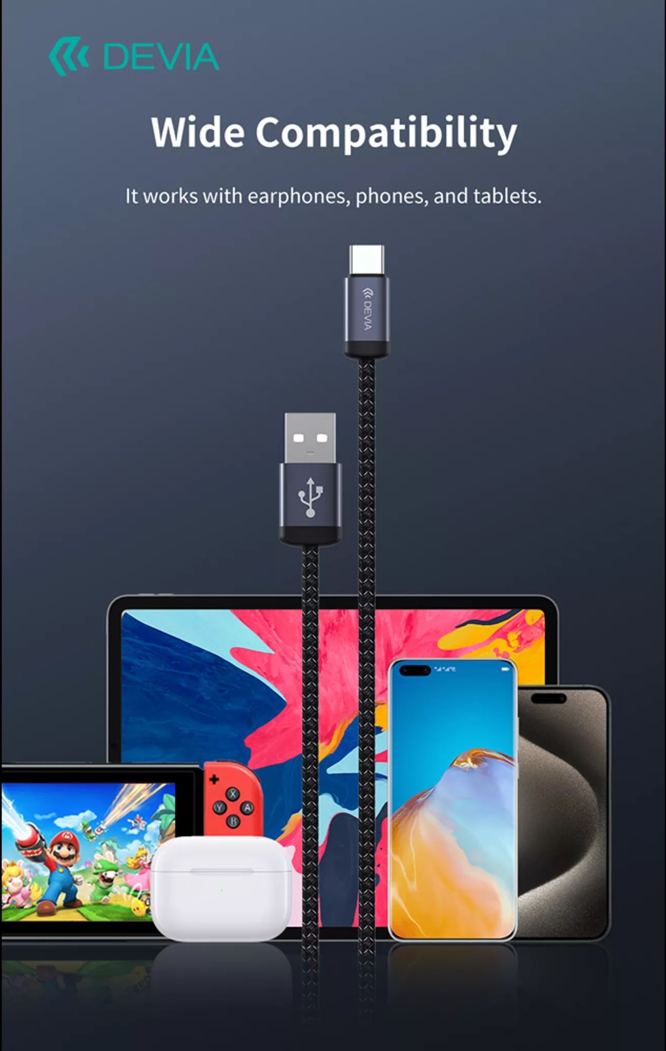 Devia - 2m (2. 1a) mesh armour usb to usb-c cable - black - image 4