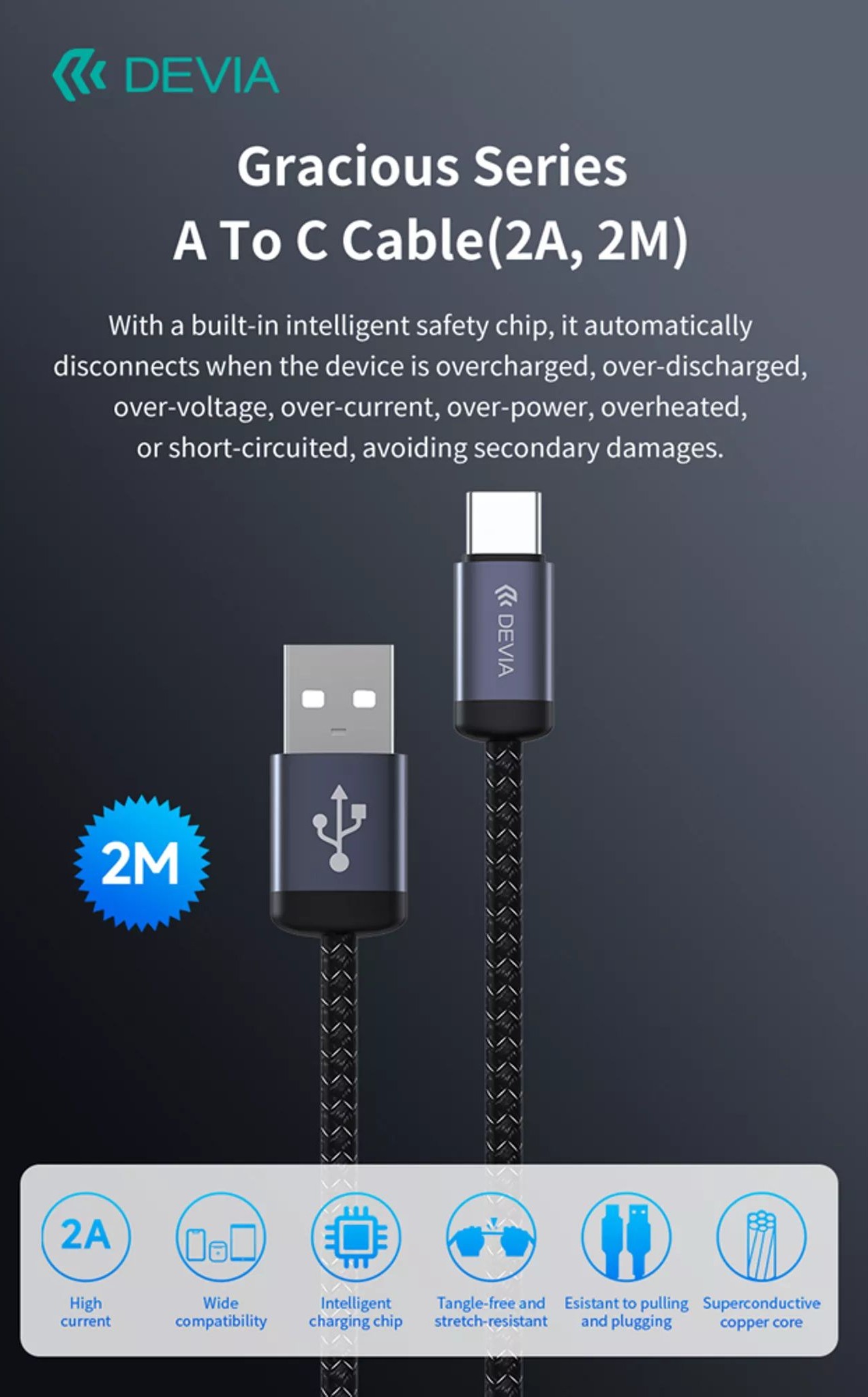 Devia - 2m (2. 1a) mesh armour usb to usb-c cable - black - image 5