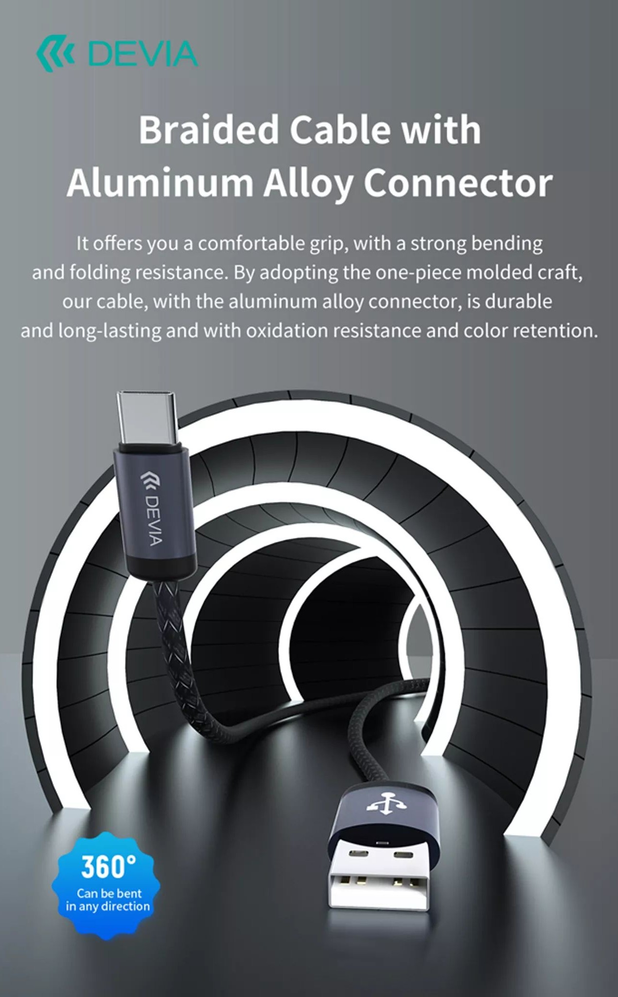 Devia - 2m (2. 1a) mesh armour usb to usb-c cable - black - image 6