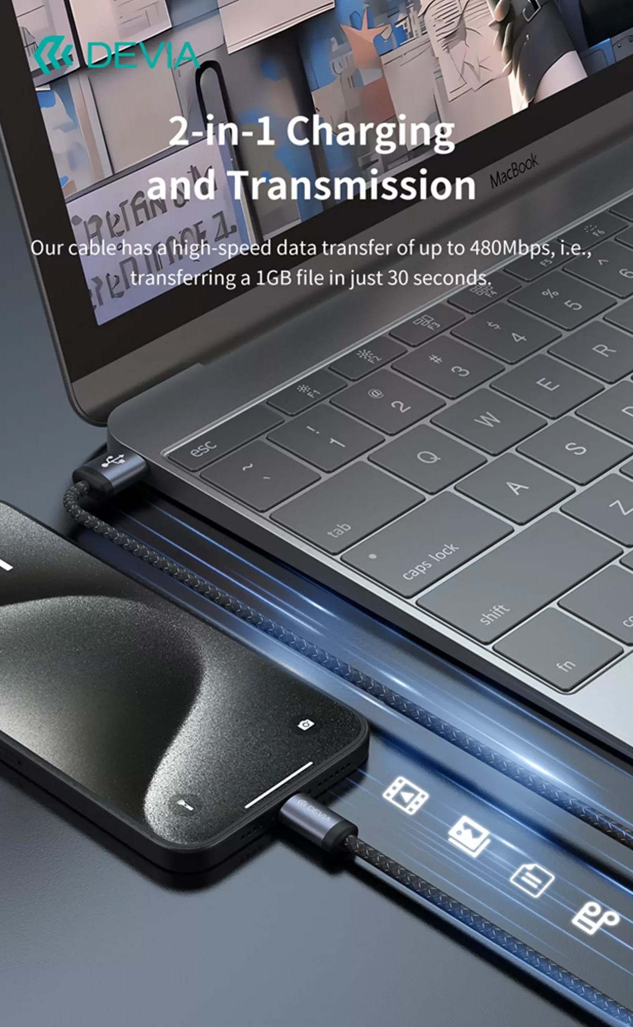 Devia - 2m (2. 1a) mesh armour usb to usb-c cable - black - image 7