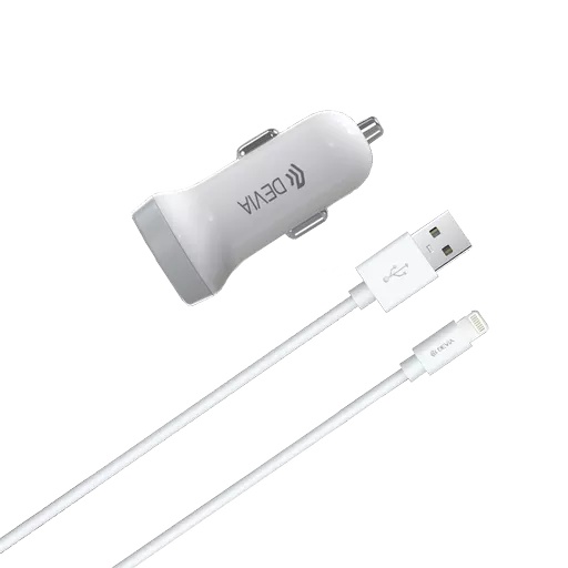 Devia - 3. 1a dual usb port car adapter & 1m non-mfi lightning cable - white
