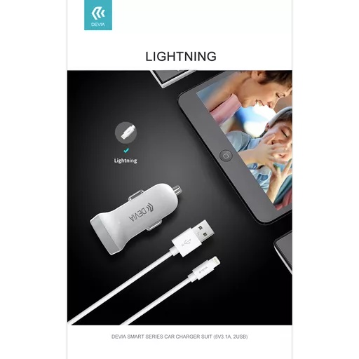 Devia - 3. 1a dual usb port car adapter & 1m non-mfi lightning cable - white - image 8