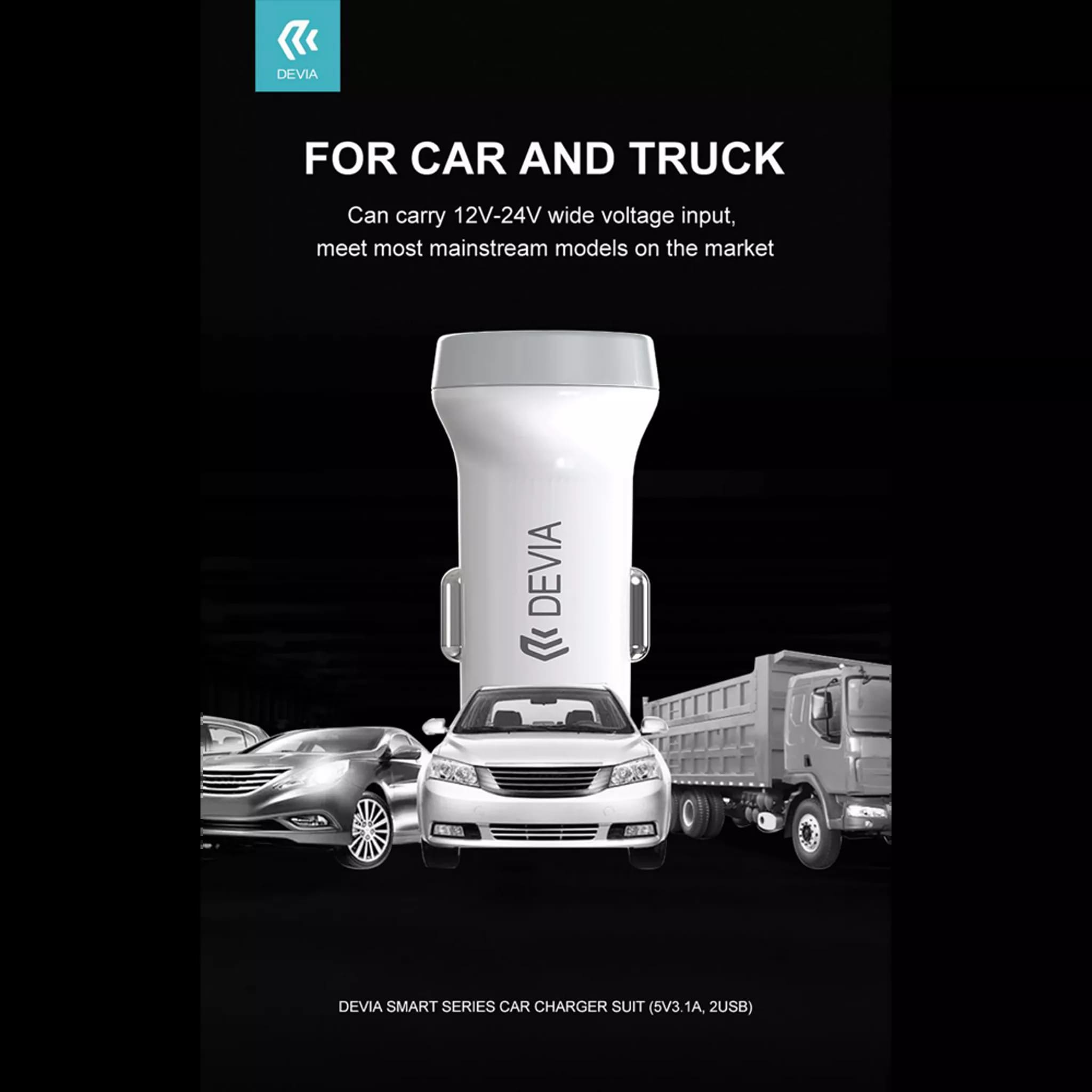 Devia - 3.1A Dual USB Port Car Adapter & 1m USB-C Cable - White - Image 6