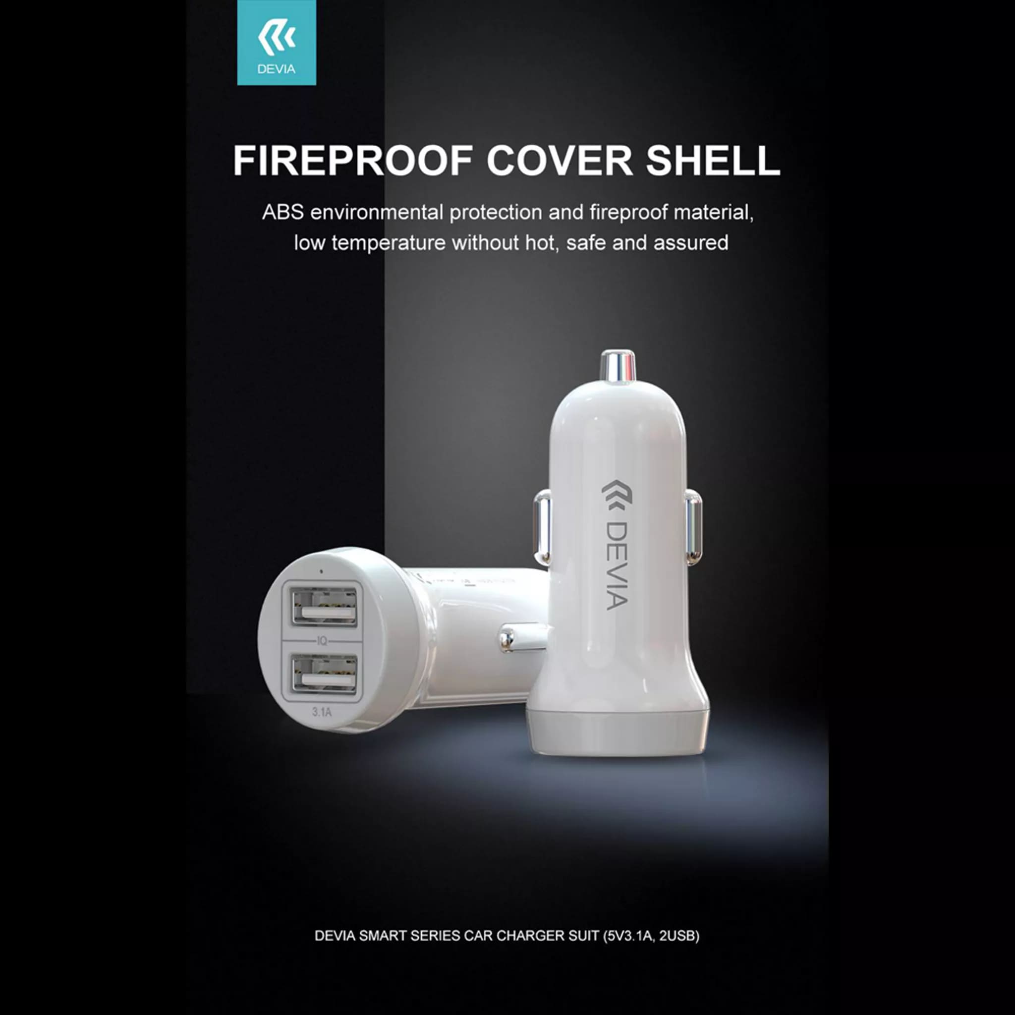 Devia - 3.1A Dual USB Port Car Adapter & 1m USB-C Cable - White - Image 7