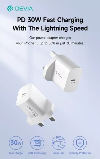 Devia - 30w gan usb-c power delivery 3-pin uk charging plug - white - image 3