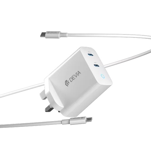 Devia - 45w gan dual usb-c 3-pin uk charging plug & 1. 5m usb-c to usb-c cable - white