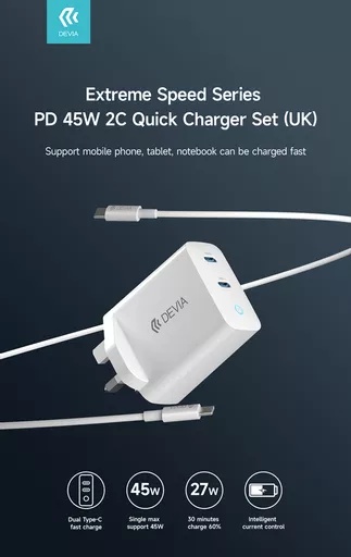 Devia - 45w gan dual usb-c 3-pin uk charging plug & 1. 5m usb-c to usb-c cable - white - image 6