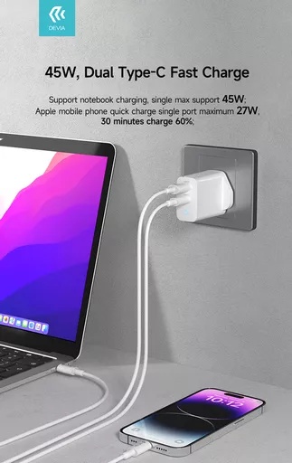 Devia - 45w gan dual usb-c 3-pin uk charging plug & 1. 5m usb-c to usb-c cable - white - image 5