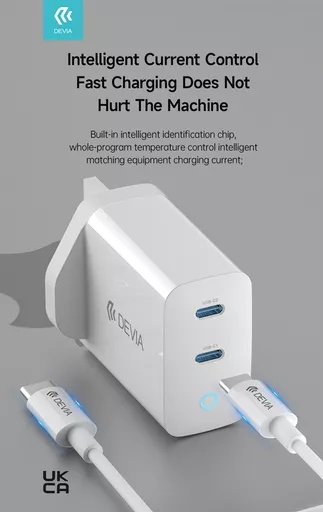 Devia - 45w gan dual usb-c 3-pin uk charging plug & 1. 5m usb-c to usb-c cable - white - image 3