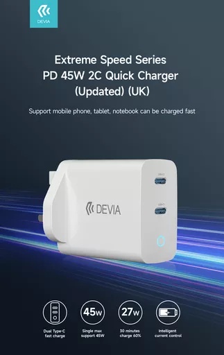 Devia - 45w gan dual usb-c power delivery 3-pin uk charging plug - white - image 3