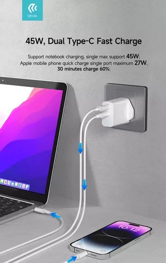 Devia - 45w gan dual usb-c power delivery 3-pin uk charging plug - white - image 4
