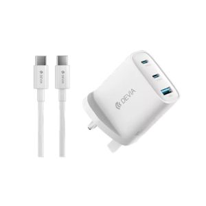Devia - 65W GaN USB-C PD & QC4.0 3-Pin UK Mini Charging Plug & 1.5m 100W USB-C to USB-C Cable - White