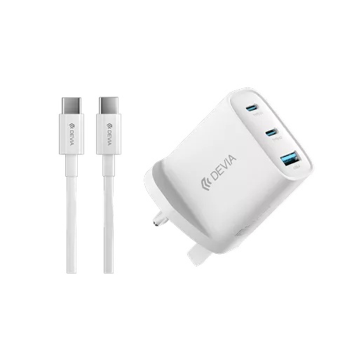 Devia - 65w gan usb-c pd & qc4. 0 3-pin uk mini charging plug & 1. 5m 100w usb-c to usb-c cable - white
