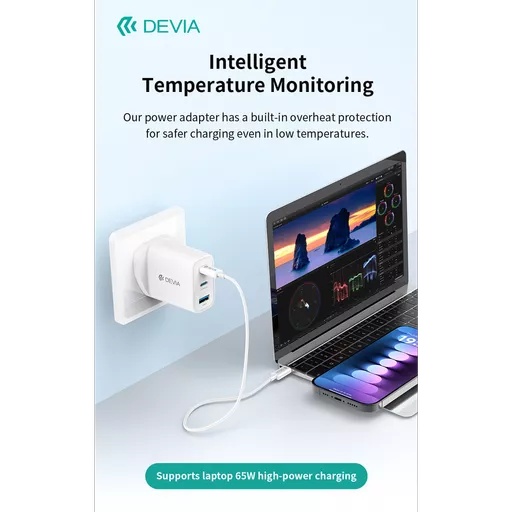 Devia - 65w gan usb-c pd & qc4. 0 3-pin uk mini charging plug & 1. 5m 100w usb-c to usb-c cable - white - image 9