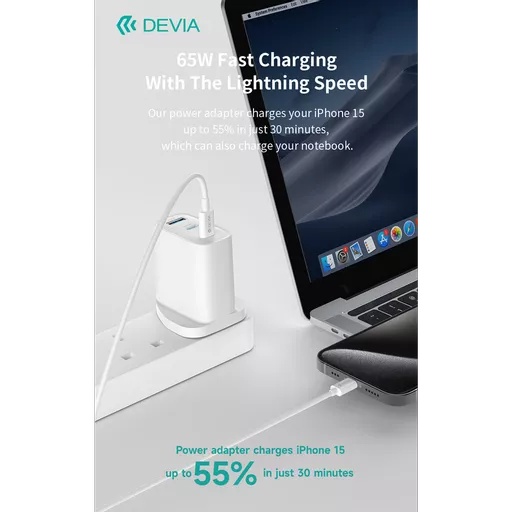 Devia - 65w gan usb-c pd & qc4. 0 3-pin uk mini charging plug & 1. 5m 100w usb-c to usb-c cable - white - image 4