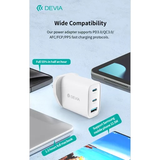 Devia - 65w gan usb-c pd & qc4. 0 3-pin uk mini charging plug & 1. 5m 100w usb-c to usb-c cable - white - image 5
