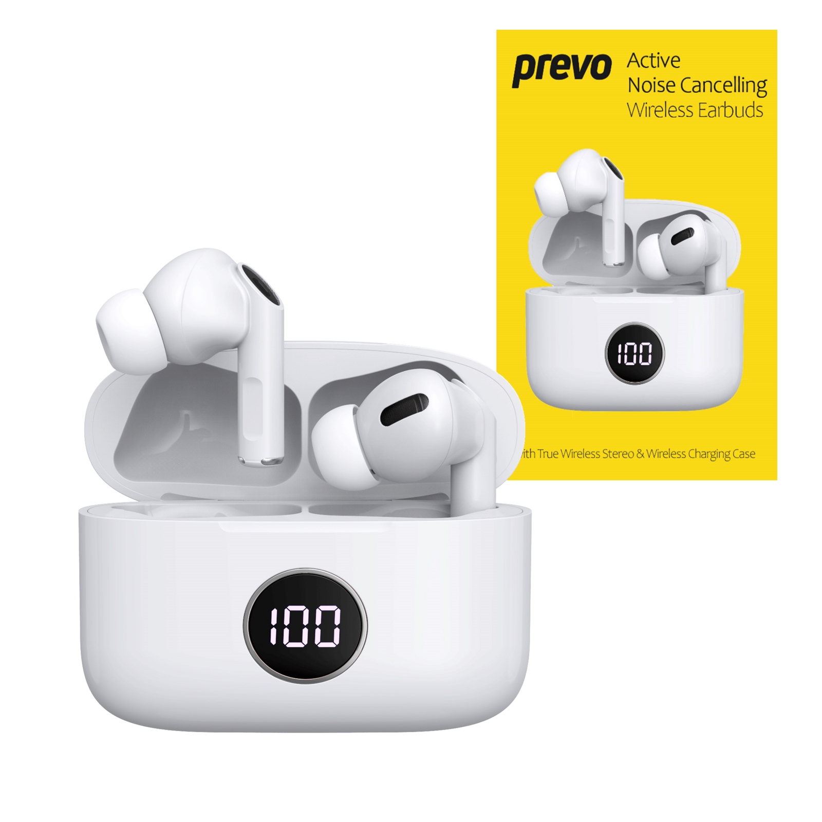 Prevo m10 active noise cancelling earbuds with digital led wireless charging case -- bluetooth 5. 3