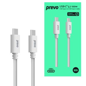 Prevo USB-C to C Data Cable - USB 3.2 - 100W - 20V/5A - 10GB/20GB/s - White