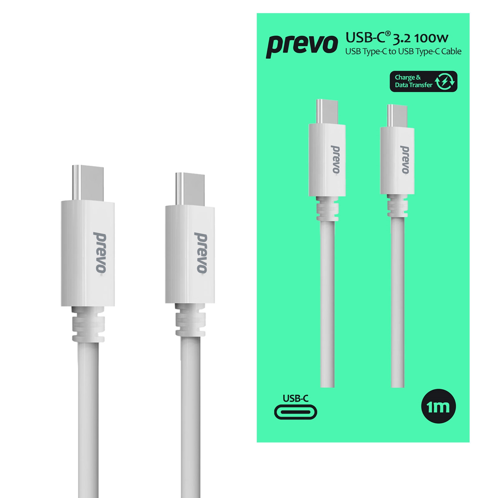 Prevo usb-c to c data cable - usb 3. 2 - 100w - 20v/5a - 10gb/20gb/s - white