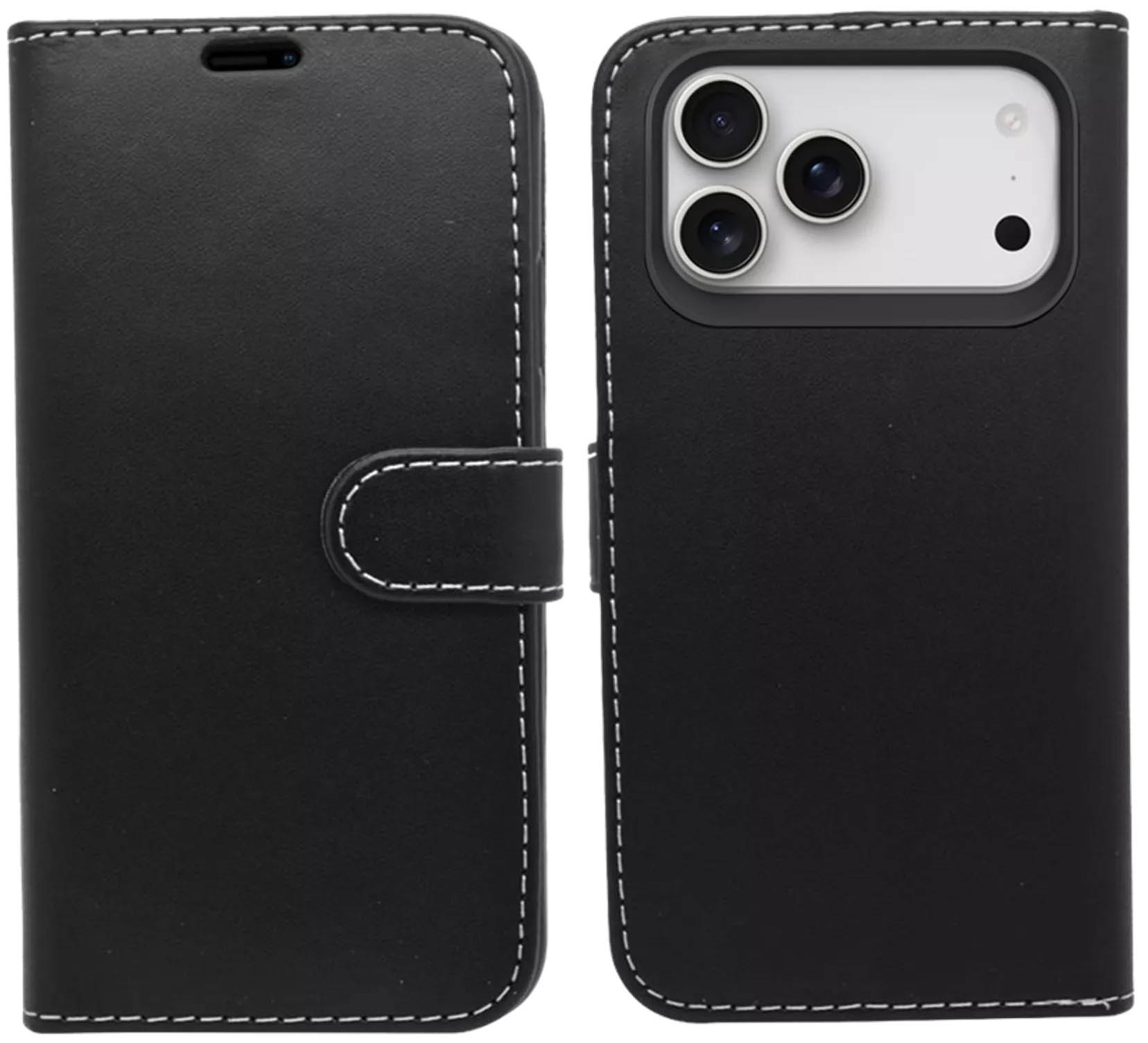 Wallet-style black pu leather phone case for iphone 17 - front and back