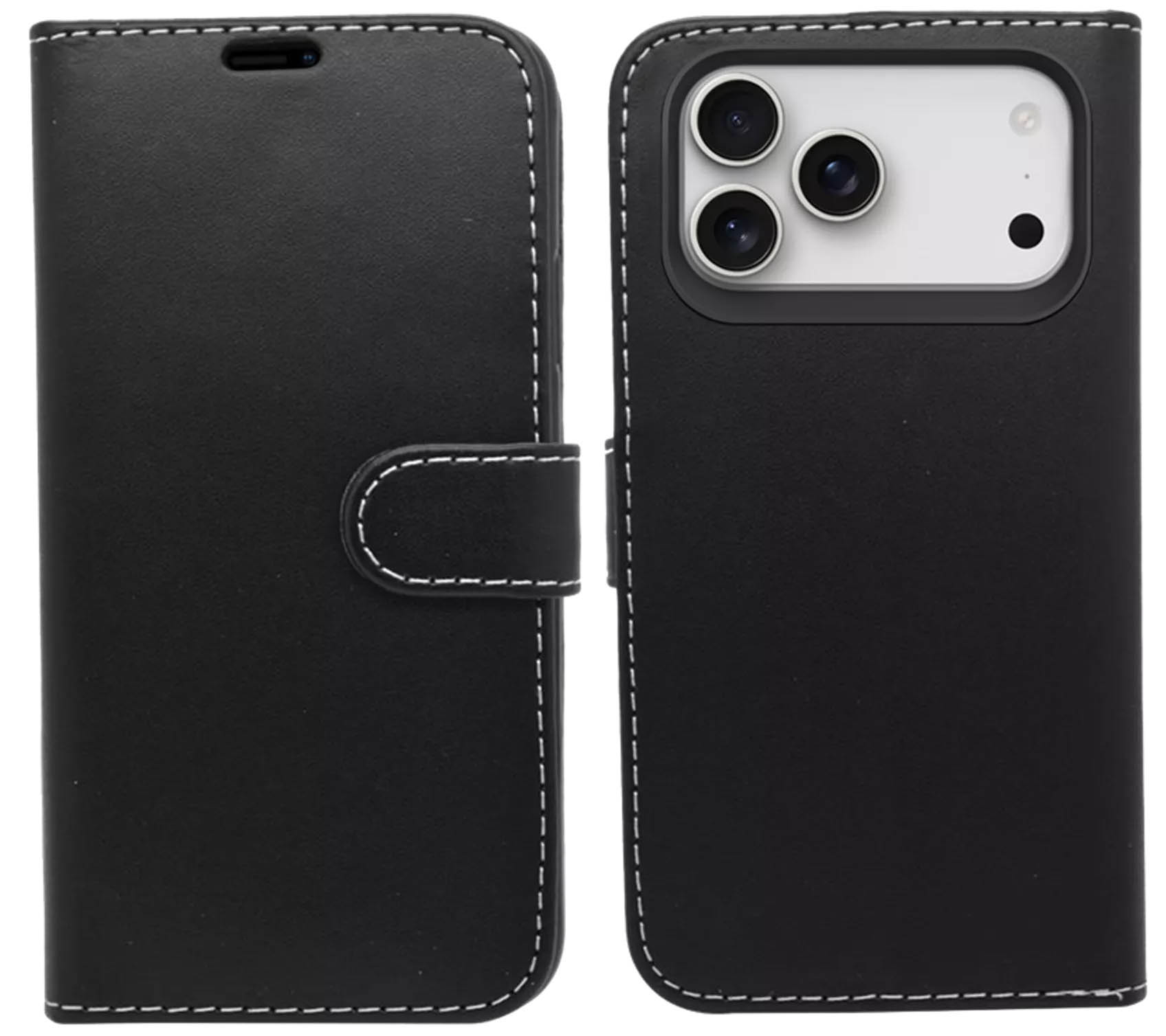 Wallet-style black pu leather phone case for iphone 17 pro - front and rear