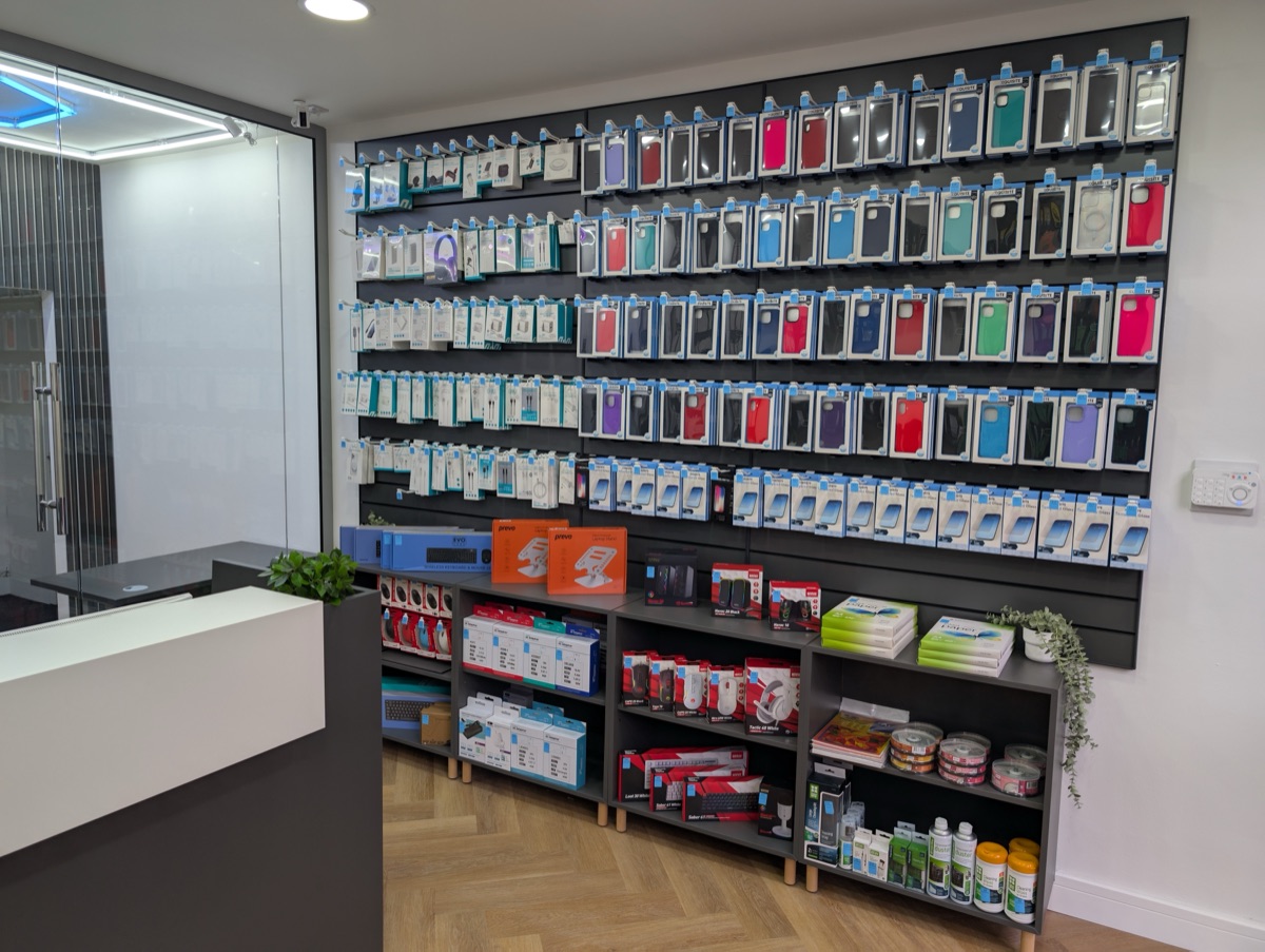 Phone cases and accessories on display at repair alliance