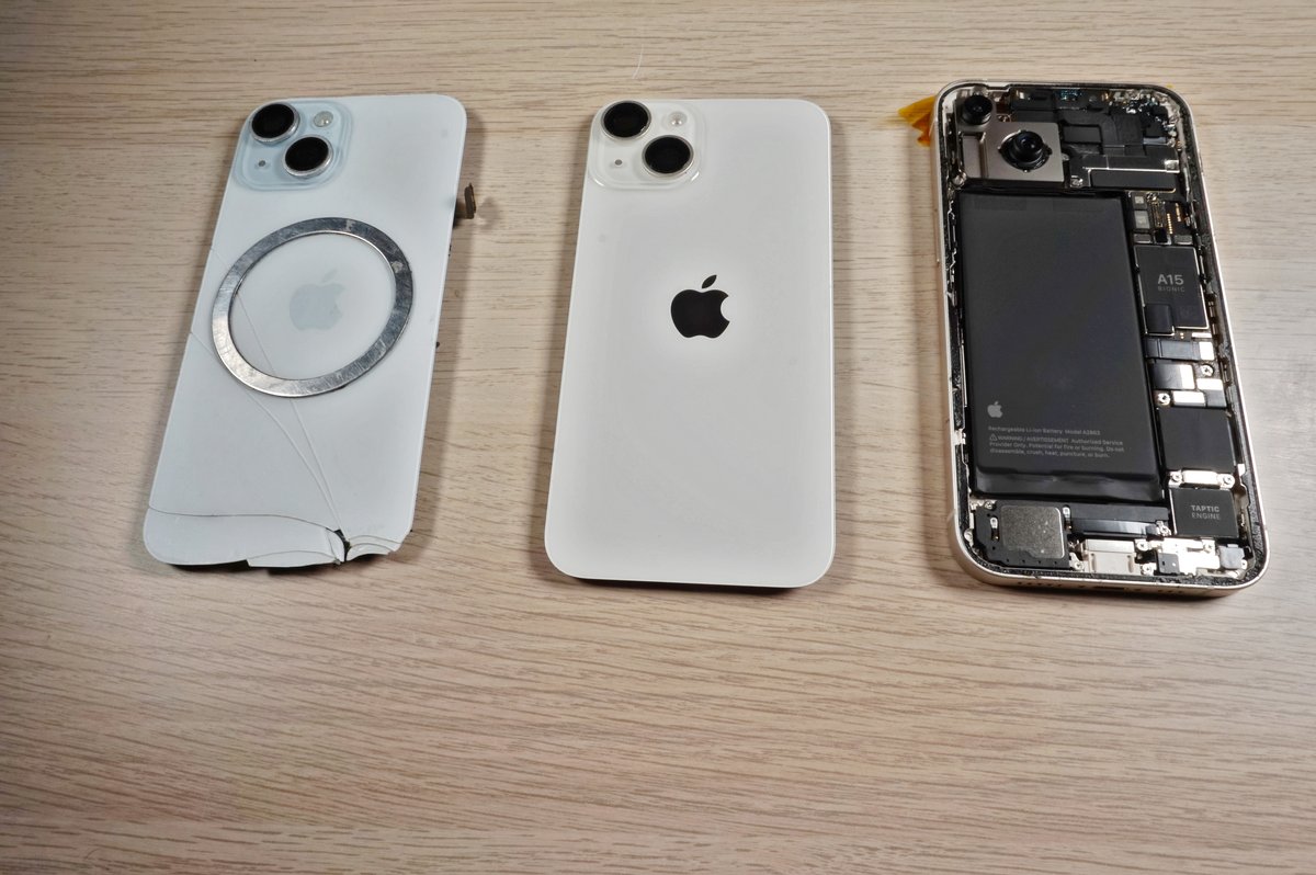 Iphone 13 disassembled showing back glass, housing and internals at repair alliance dundee